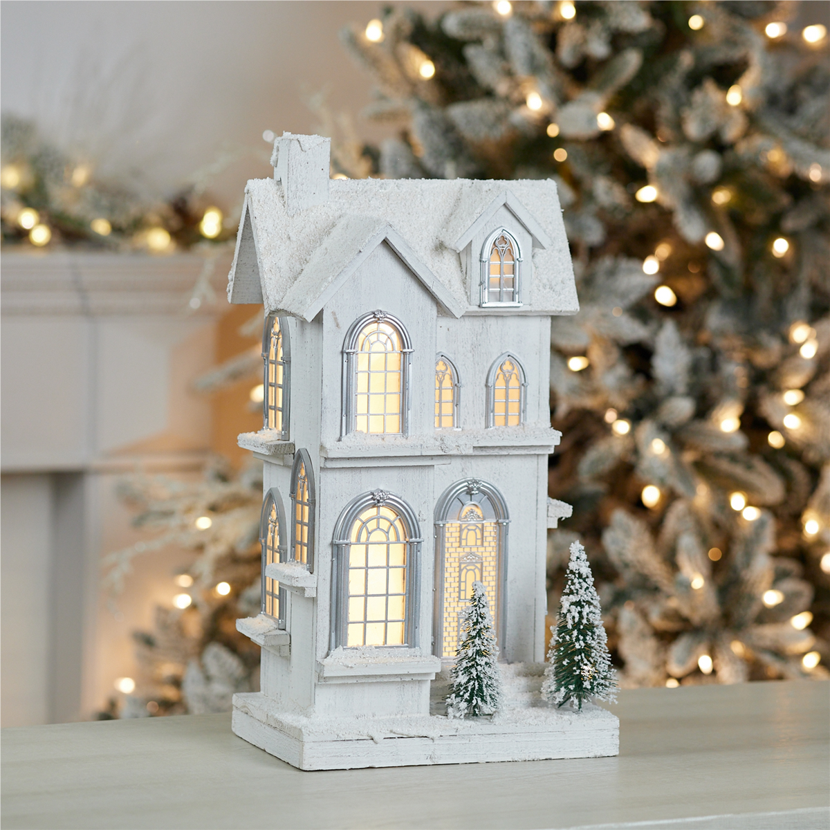 LED Flocked Wooden House 21.5"H -Ship Only