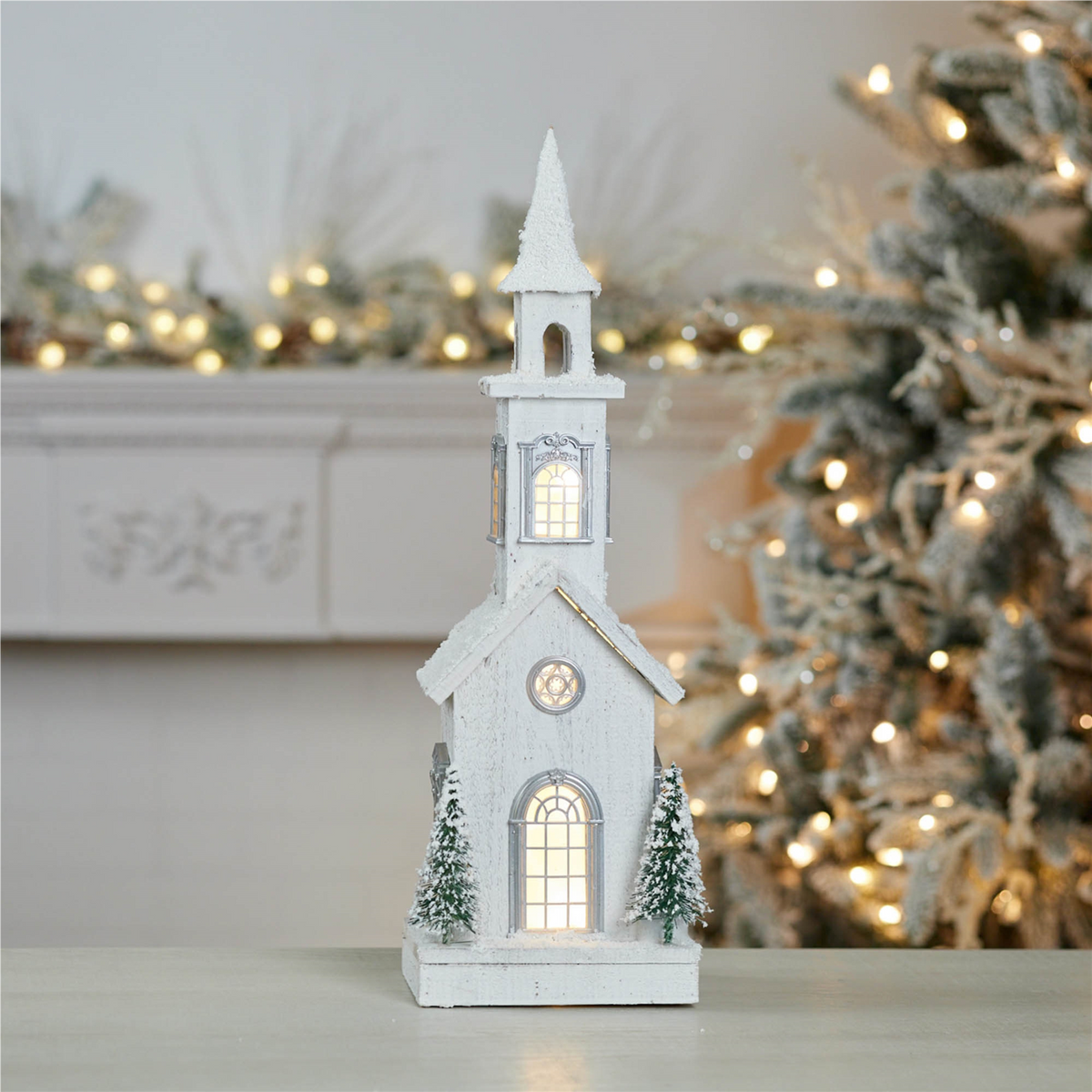 LED Flocked Wooden Church 24"H -Ship Only