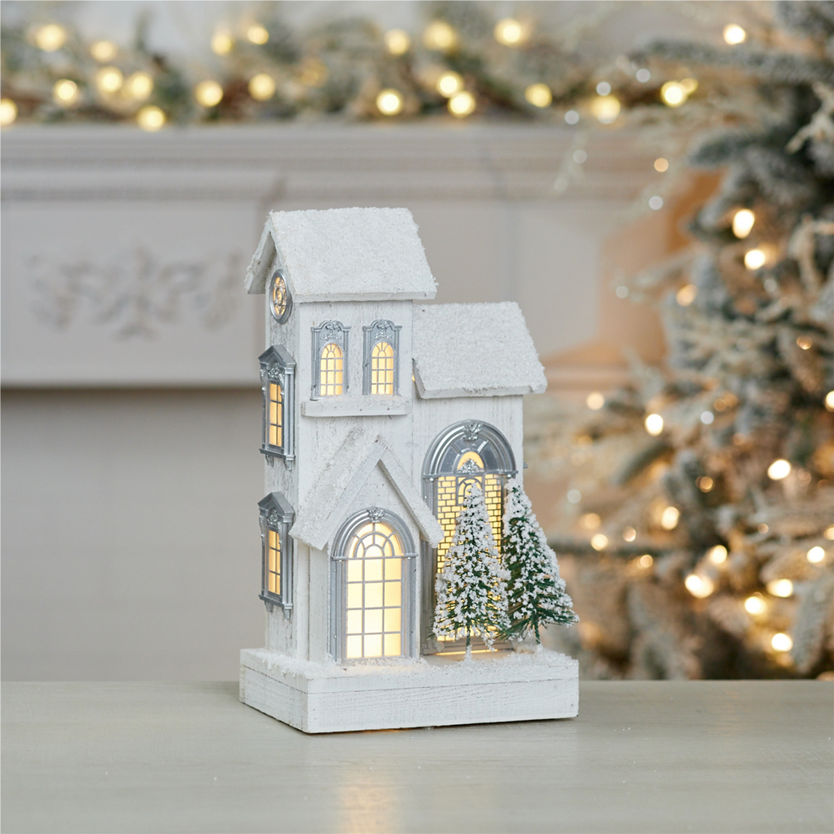 LED Flocked Wooden House 14.5"H -Ship Only