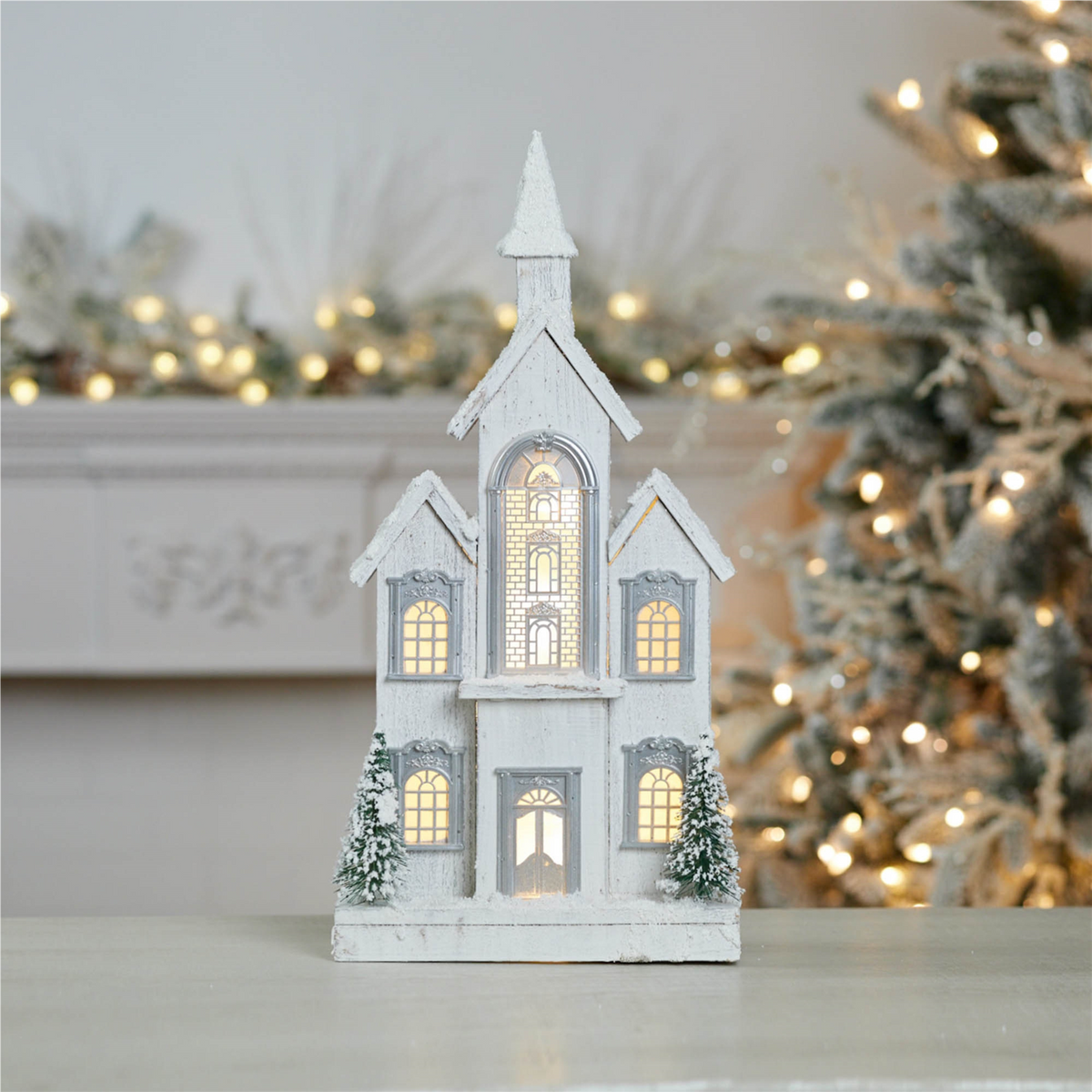 LED Flocked Wooden Church 22"H -Ship Only