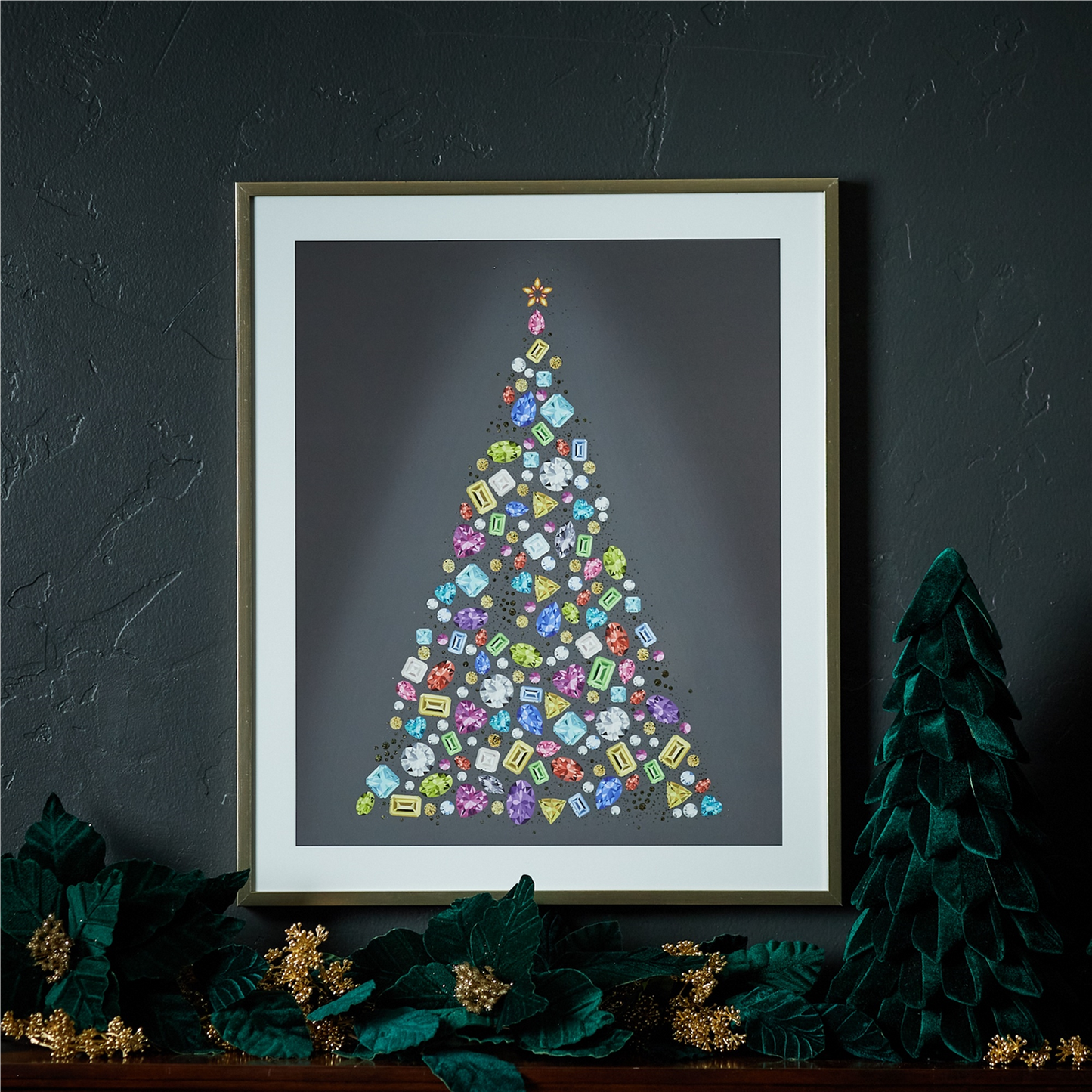 Holiday Jewel Tree Print Under Glass 23.5"H
