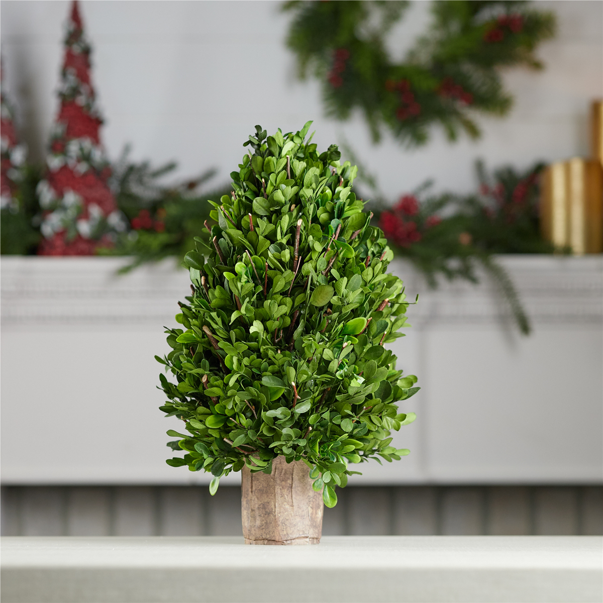 Natural Boxwood Foliage Topiary 15.5"H -Ship Only