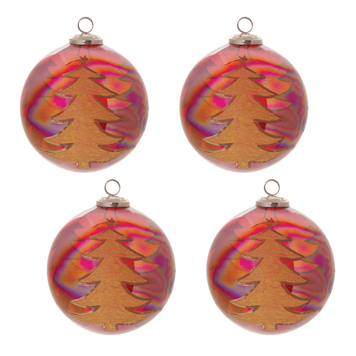 Ball w/Tree Ornament (Set of 4) 6”D Glass -Ship Only