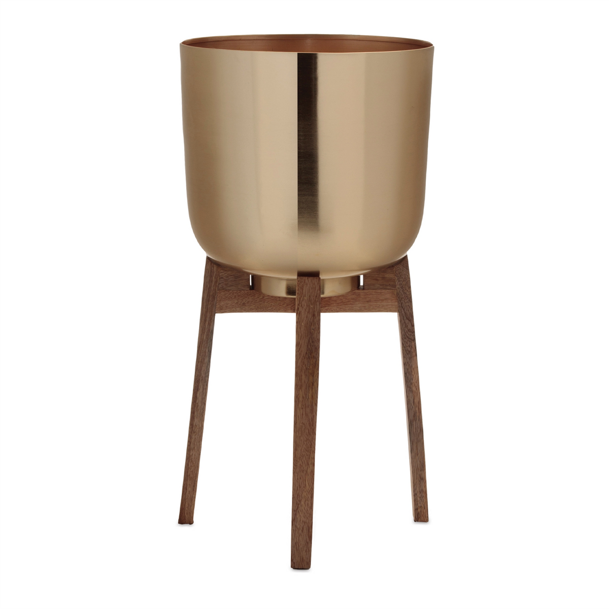Round Metal Planter with Wooden Stand (Set of 2) -Ship Only