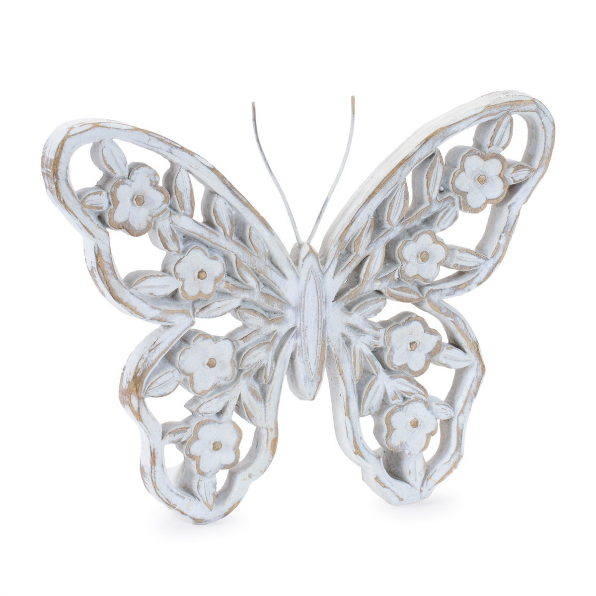 White Washed Floral Butterfly Decor (Set of 2) -Ship Only