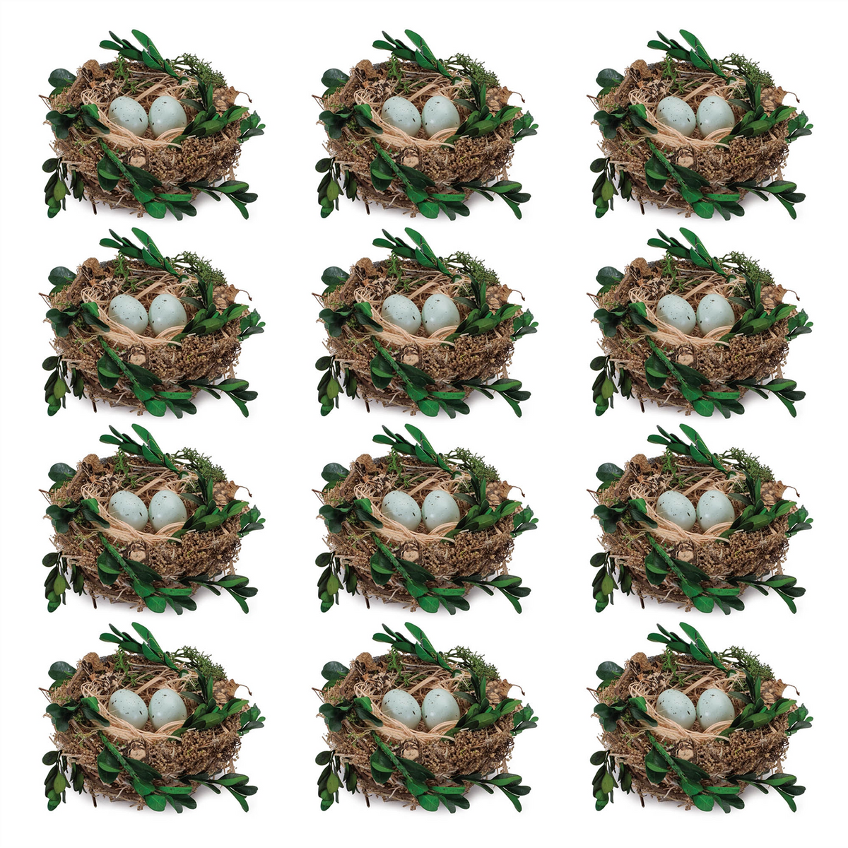 Twig Bird Nest with Eggs and Boxwood Foliage (Set of 12) -Ship Only
