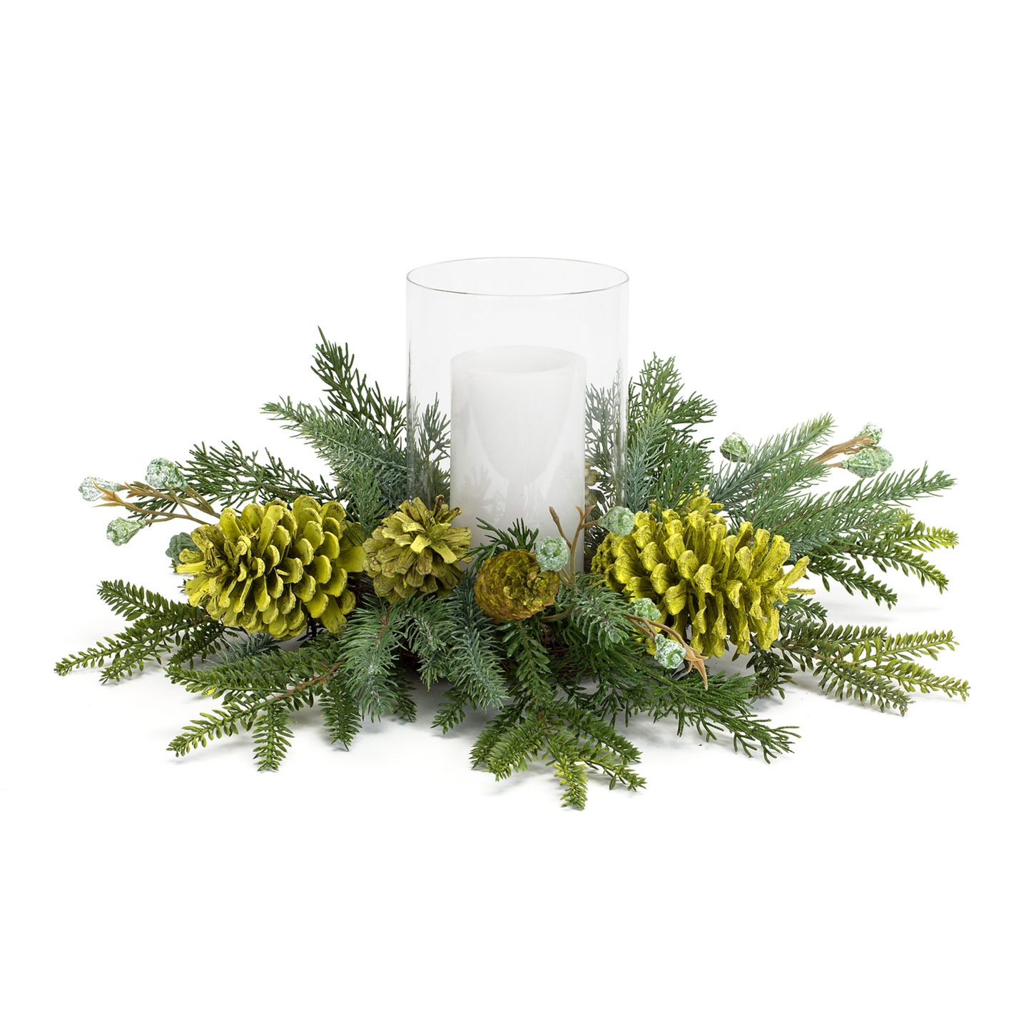 Mixed Winter Pine Cone Candle Holder with Glass Hurricane 18"D -Ship Only