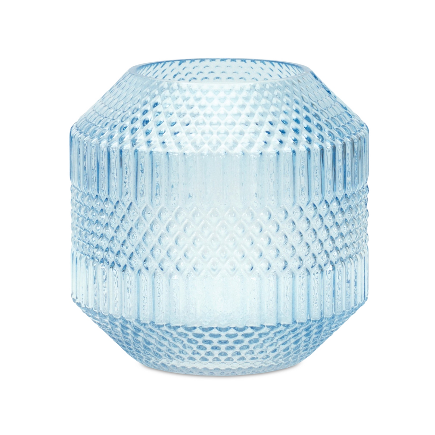 Diamond Pattern Blue Glass Vase or Candle Holder 8"H -Ship Only