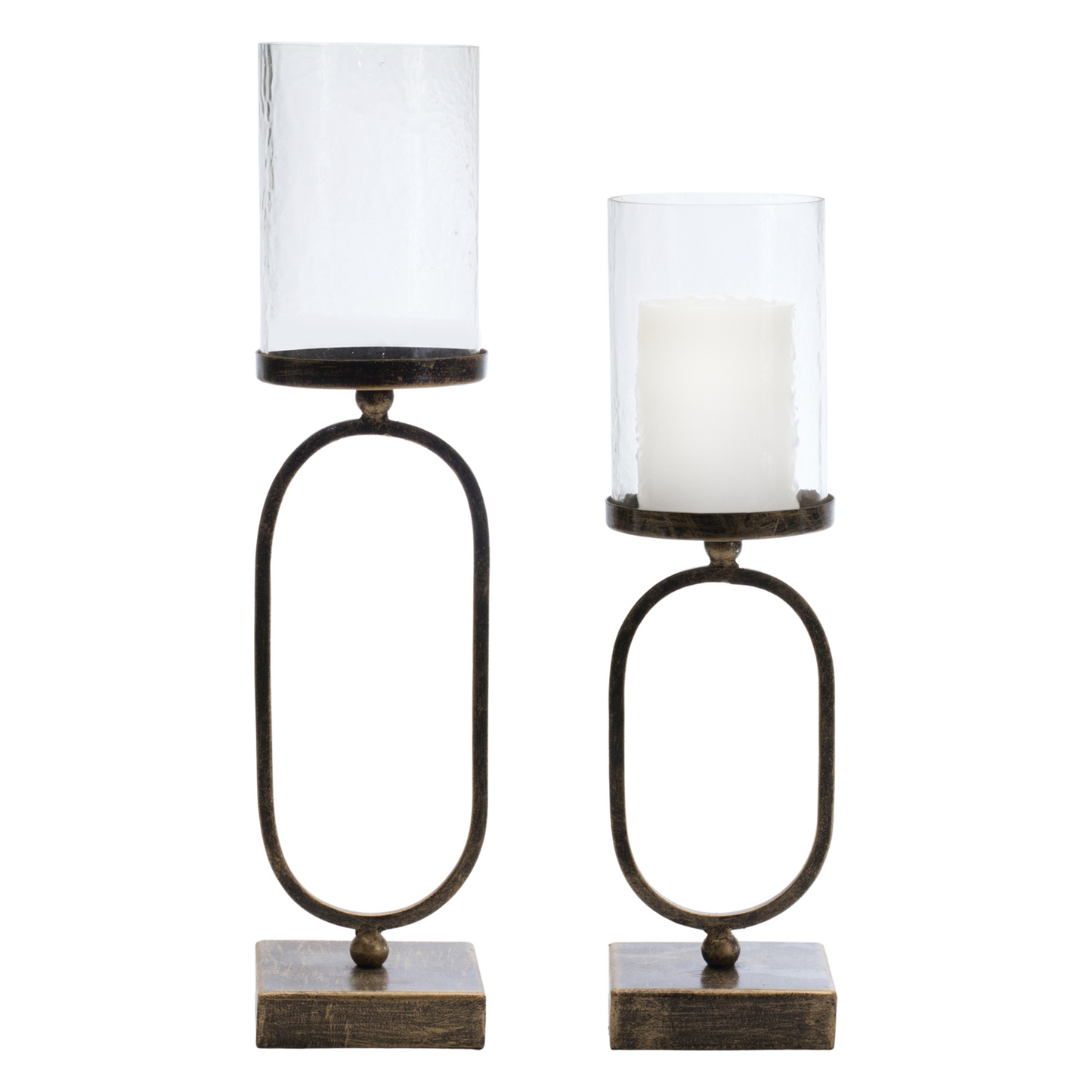 Modern Metal Candle Holder with Glass Hurricane (Set of 2) -Ship Only