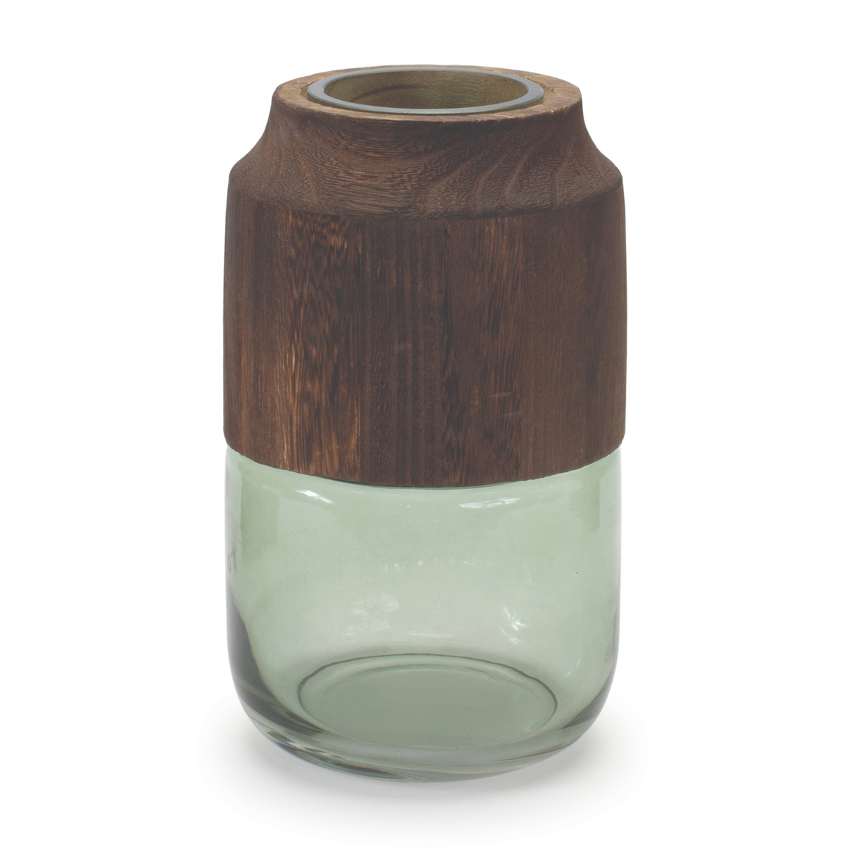 Sage Glass Vase with Wood Accent 9"H -Ship Only