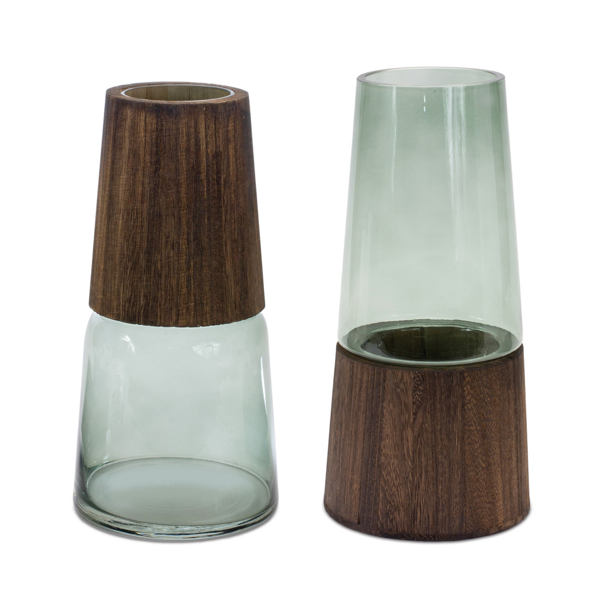 Tapered Glass Vase with Wood Accent (Set of 2) -Ship Only