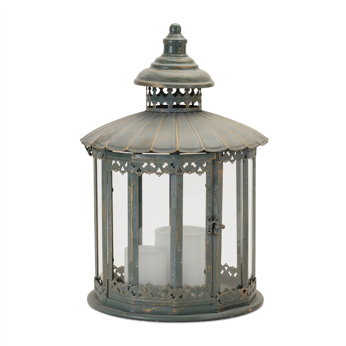 Ornate Round Brushed Metal Lantern 20"H -Ship Only