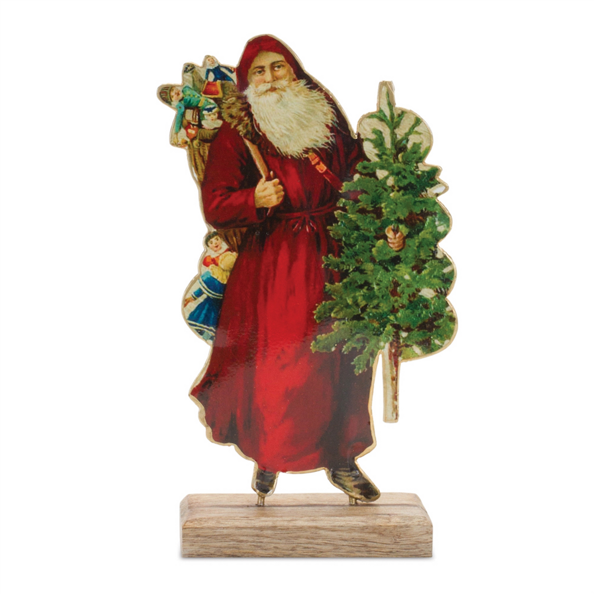 Vintage Metal Santa with Wood Base 8"H -Ship Only