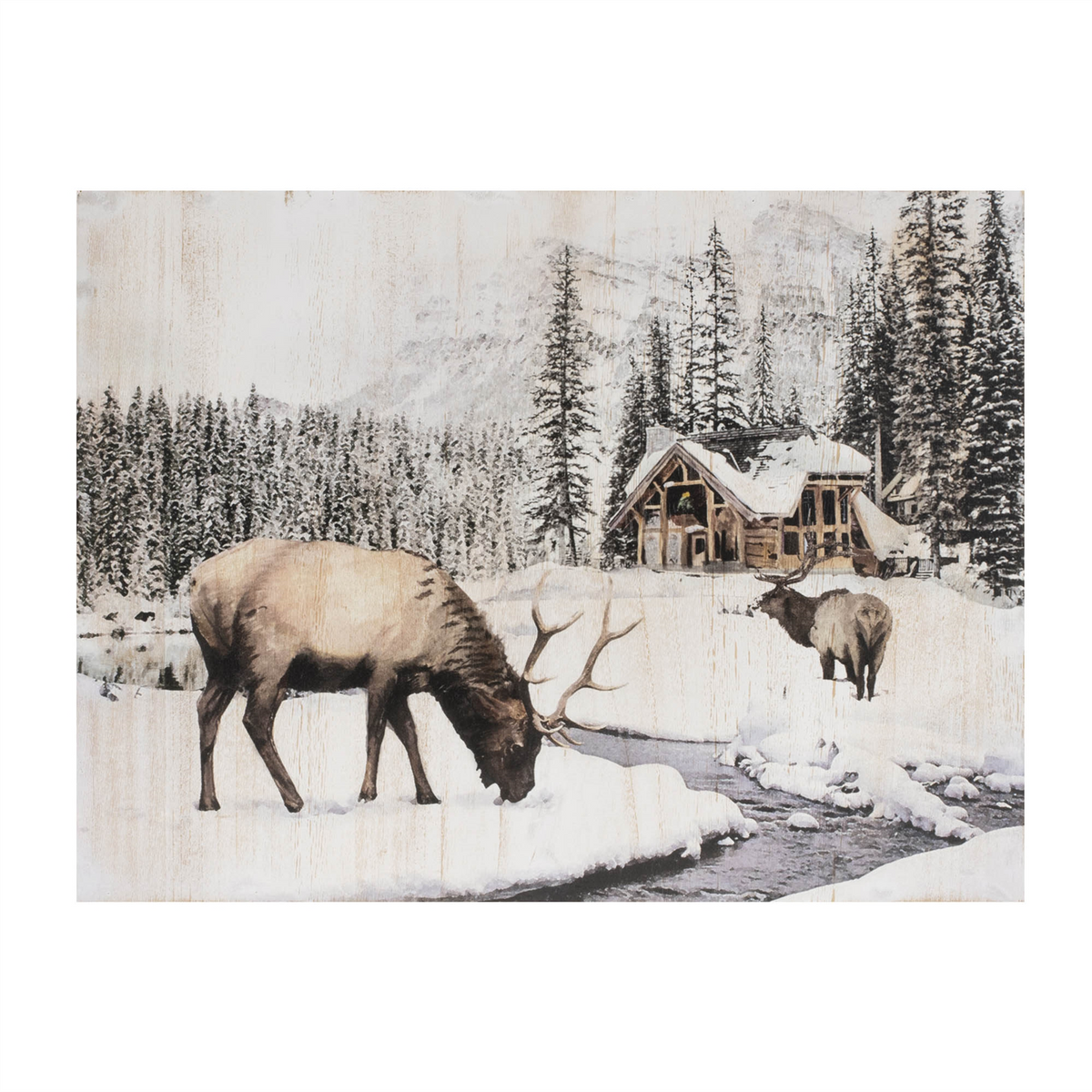 Wooden Winter Reindeer and Lodge Plaque 17.5"H