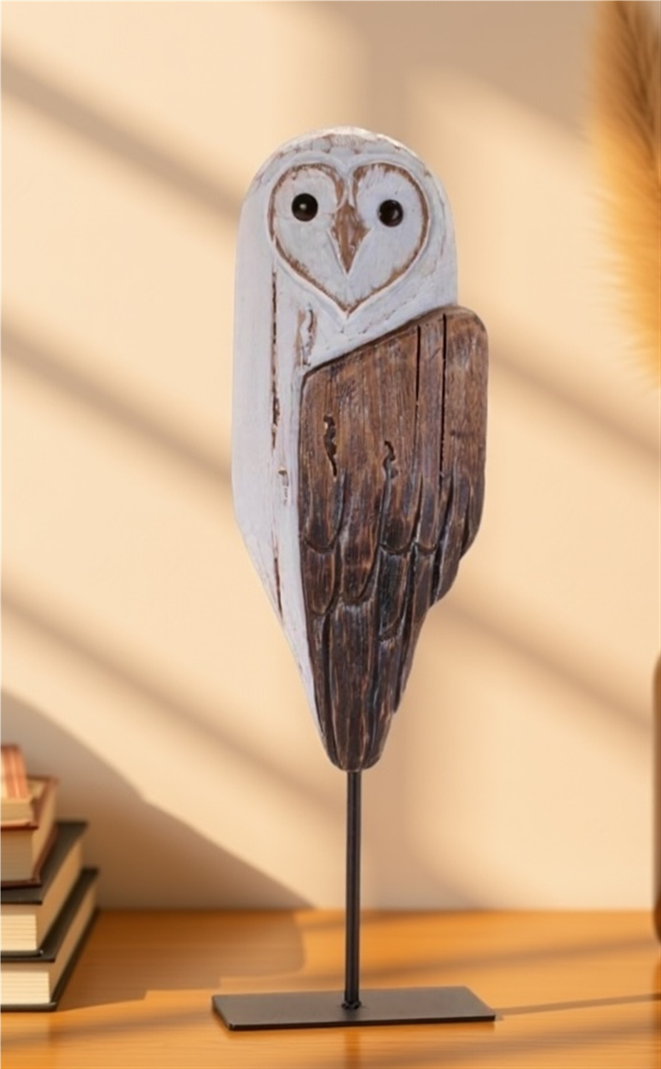 Owl on Stand 14”H Wood/Iron -Ship Only