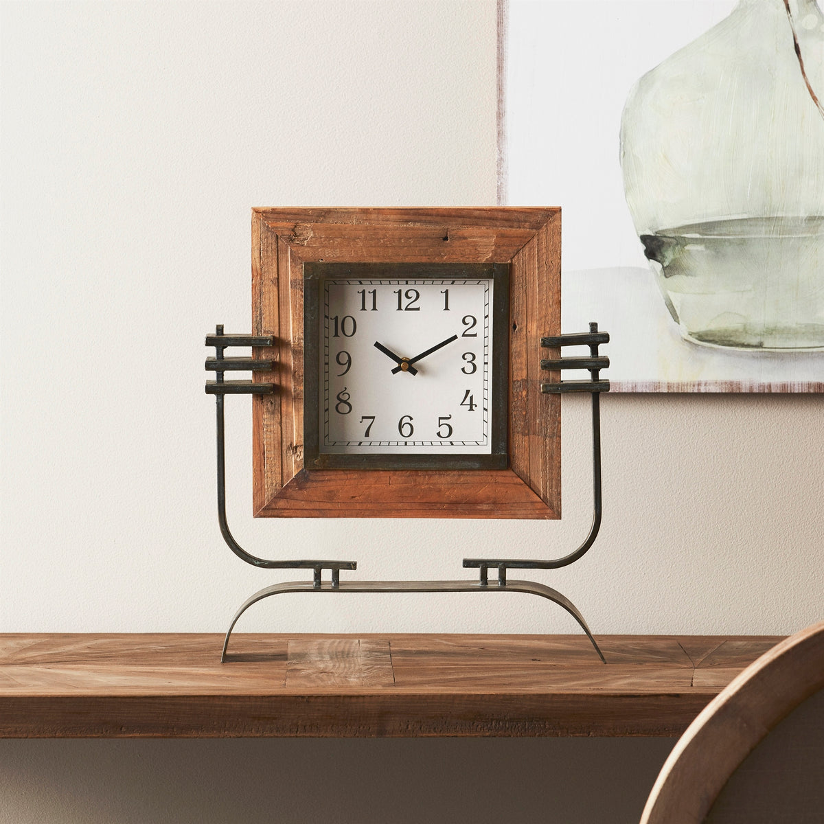 Wood Square Clock on Rustic Metal Stand 17.5"H -Ship Only