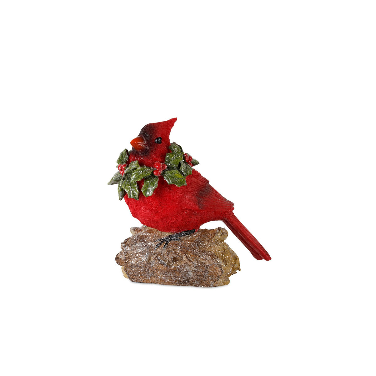 Perched Cardinal Bird on Log with Holly Wreath Accent (Set of 4) -Ship Only