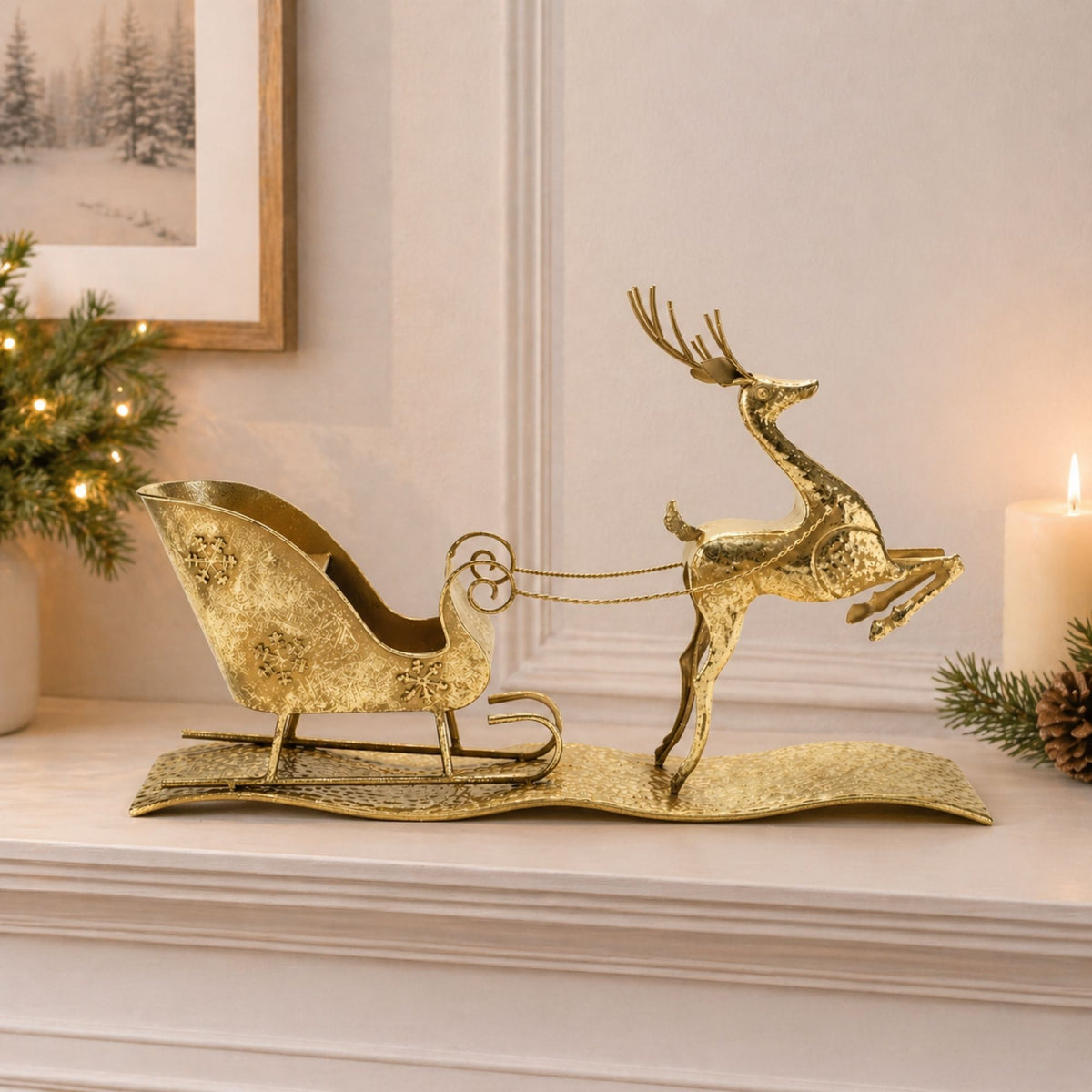 Hammered Metal Deer with Sleigh 25.5"L -Ship Only