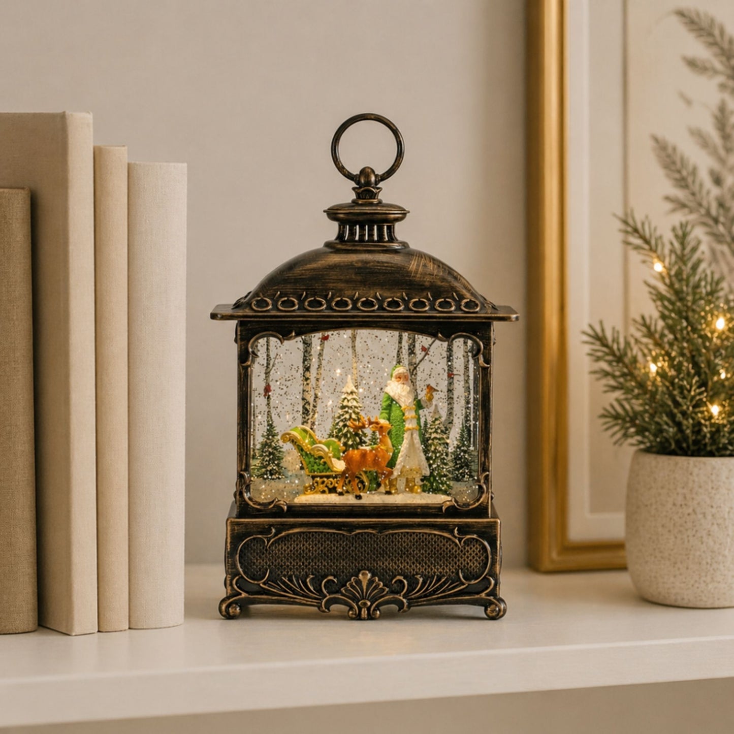 LED Snow Globe Lantern with Santa and Woodland Animals 10.5"H -Ship Only