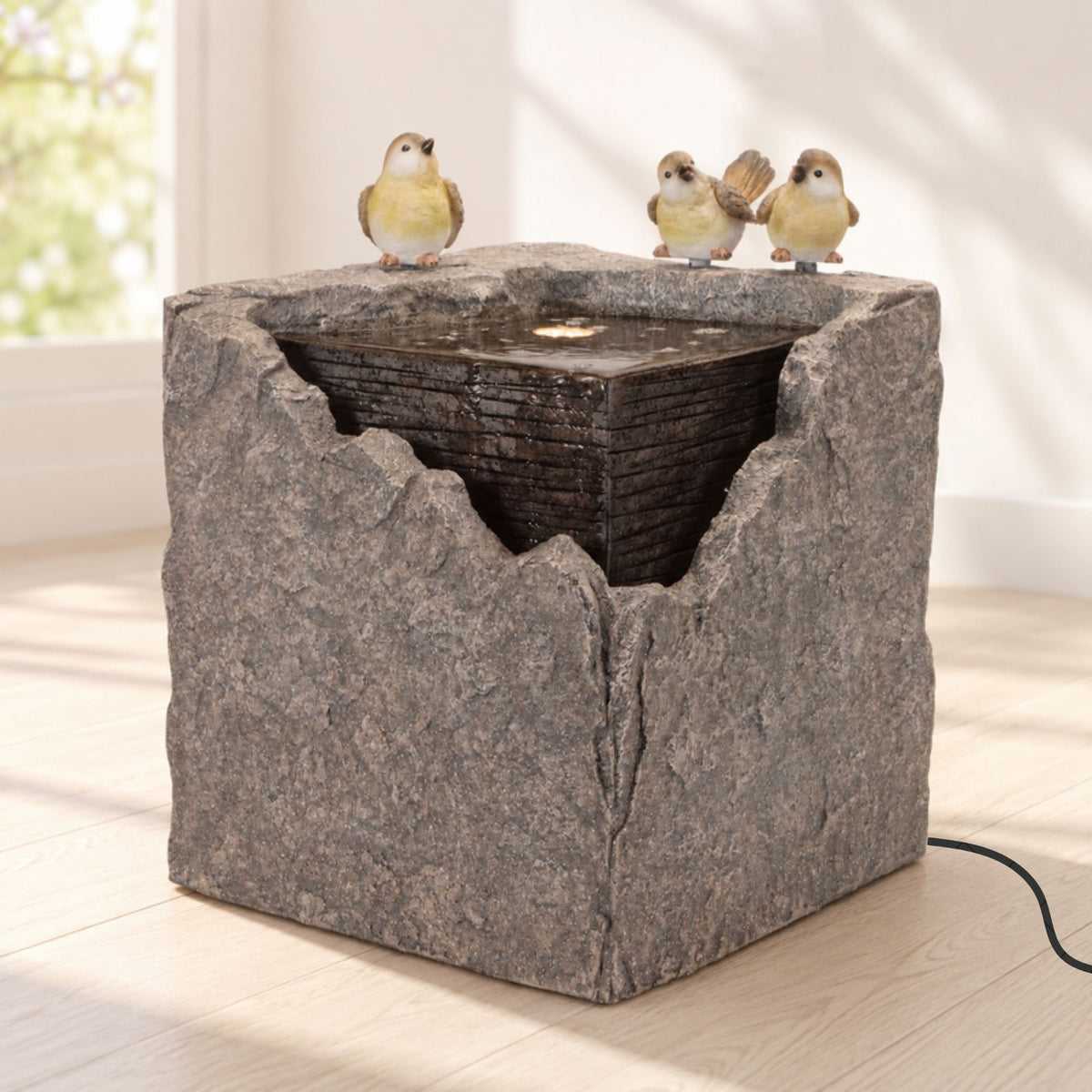 Bubbling Stone Fountain with Bird Accents 19"H -Ship Only