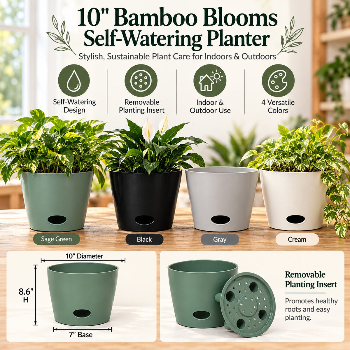 10" Black Round Self-Watering Bamboo Pot -Ship Only