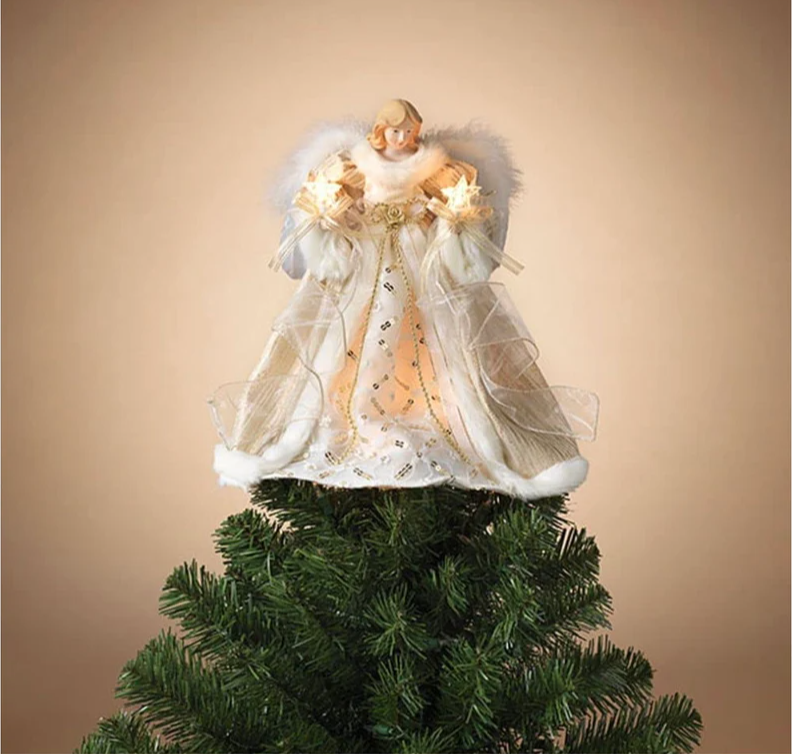 Electric Lighted Ivory and Gold Angel Tree Topper (14" H)