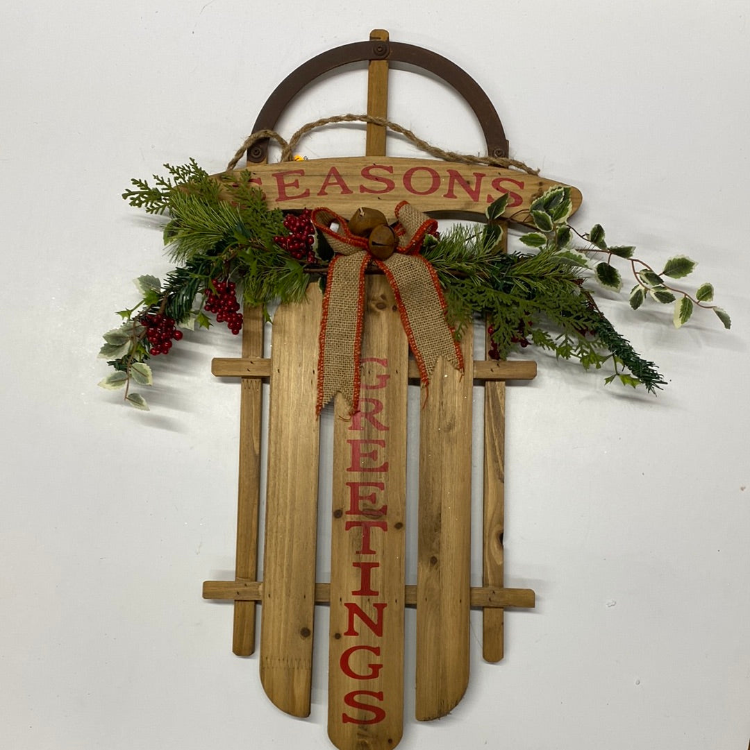 Wood Hanging Sled "Seasons Greetings" (27"L)
