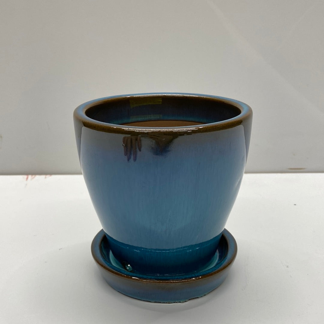 4.3" Pot With Attached Saucer Green