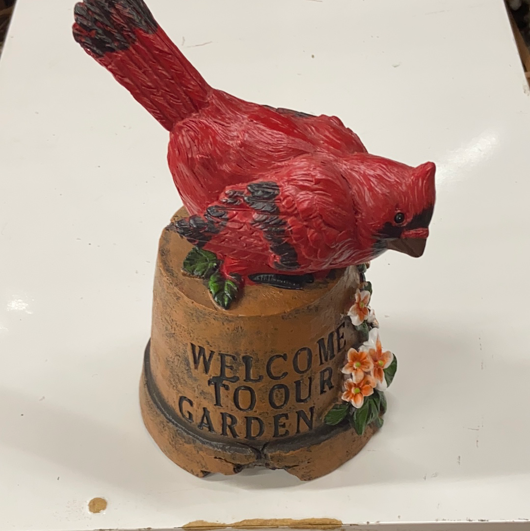 Cardinal on “Welcome to Our Garden” Pot