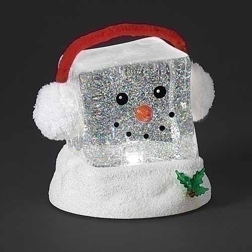 6.25"H LIGHTED SWIRL CUBE HEAD SNOWMAN WITH EAR MUFFS