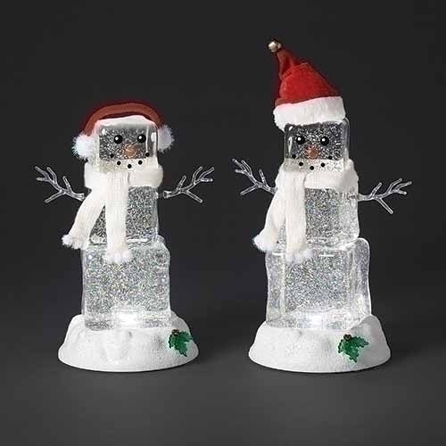 9"H LIGHTED SWIRL CUBE SNOWMAN WITH HOLLY & SANTA HAT