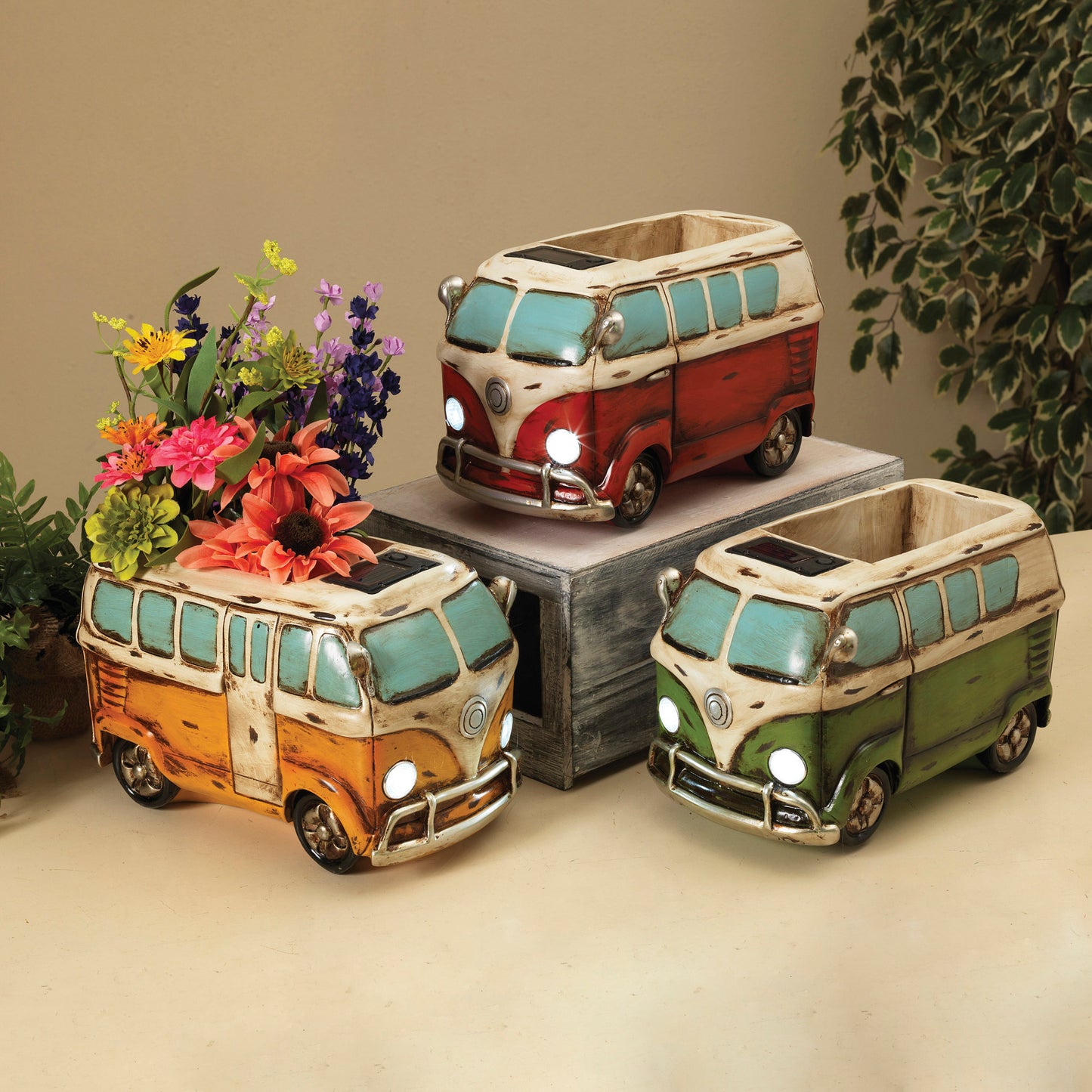 12"L Solar Lighted Resin Antique Hippie Wagon Planter