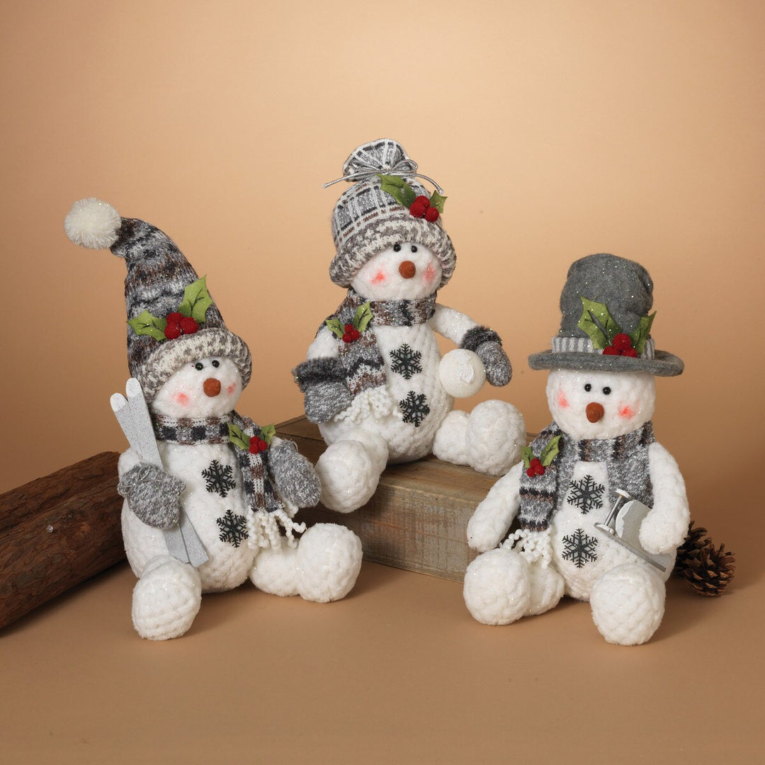 12"H Plush Holiday Sitting Snowman with Hat & Scarf