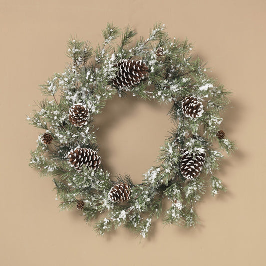 24"D Holiday Snowy Ming Pine Wreath with Pinecone