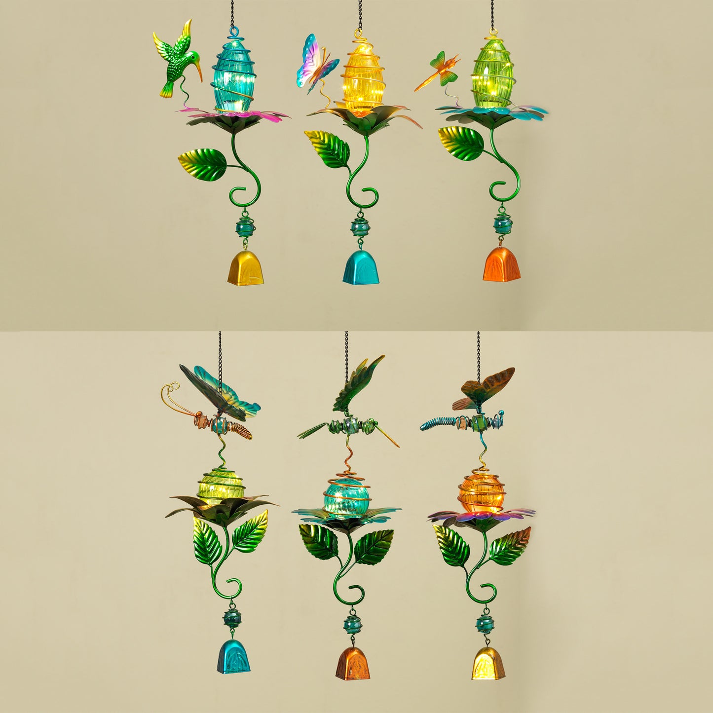 20"H Solar Lighted Metal & Glass Garden Friend Windchime
