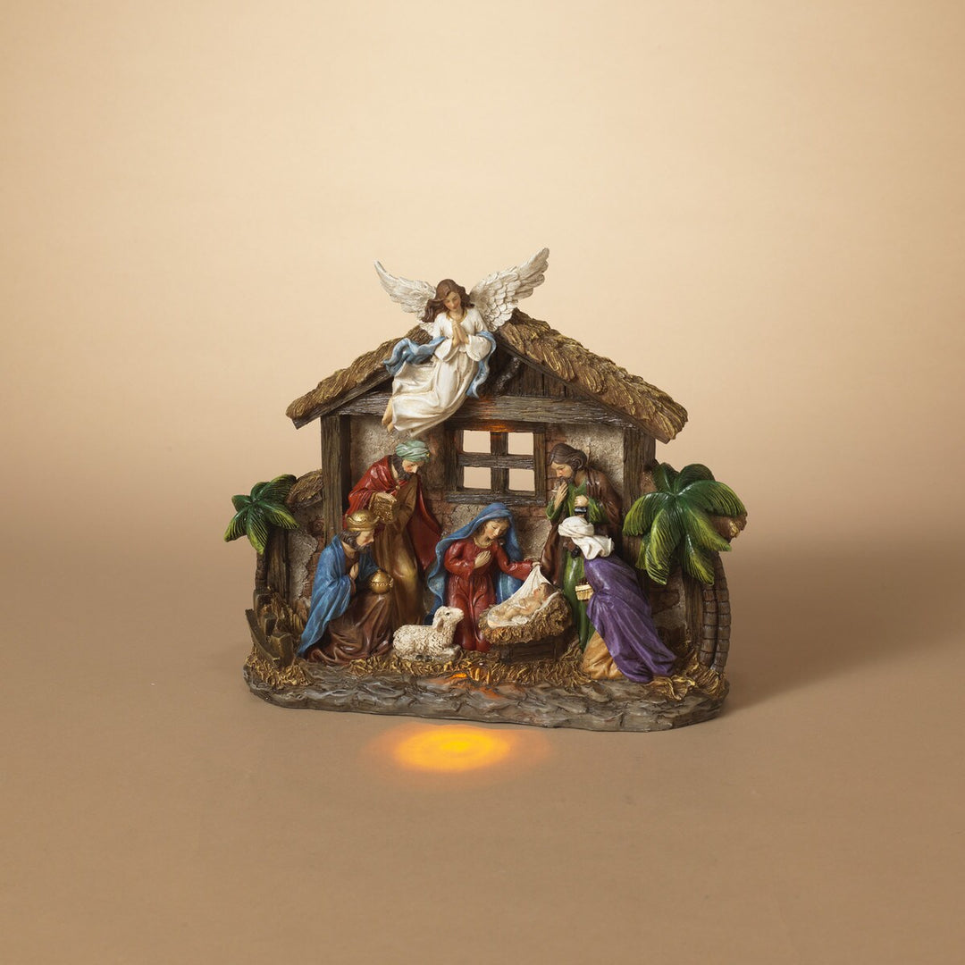 12.4"L B/O Lighted Resin Nativity Stable with Figurines