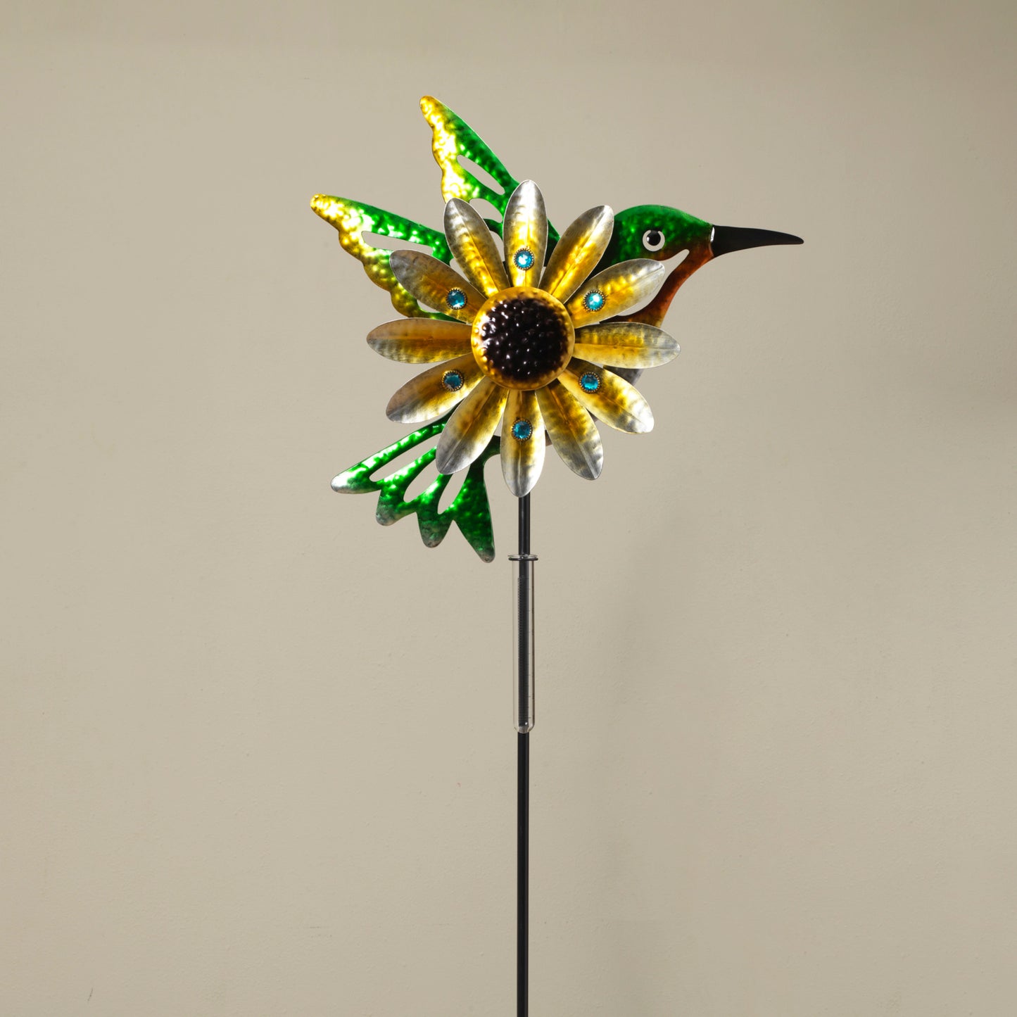 Metal Humming Bird & Flower Wind Spinner w/ Glass Rain Gauge