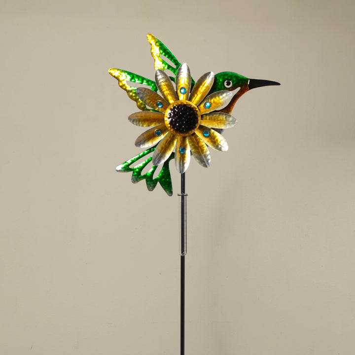 Metal Humming Bird & Flower Wind Spinner w/ Glass Rain Gauge