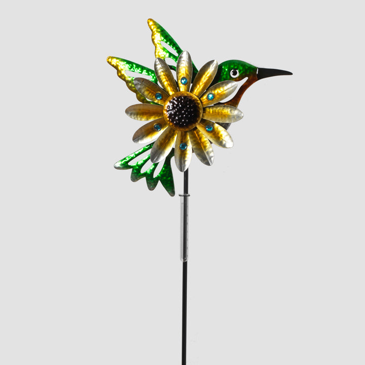Metal Humming Bird & Flower Wind Spinner w/ Glass Rain Gauge