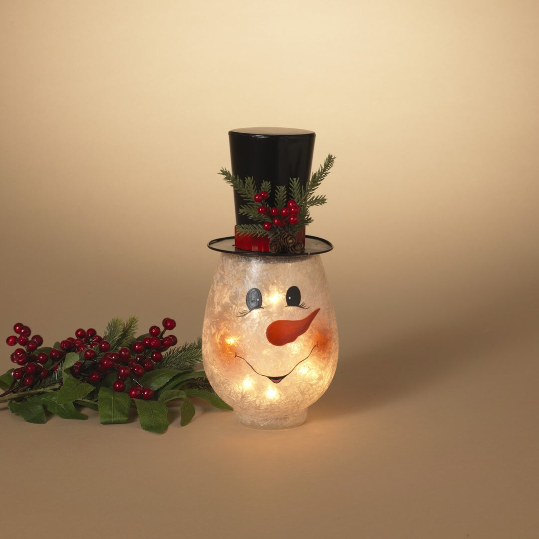 11"H UL Electric Lighted Metal & Frosted Glass Snowman Head with Pine & Berry Accent