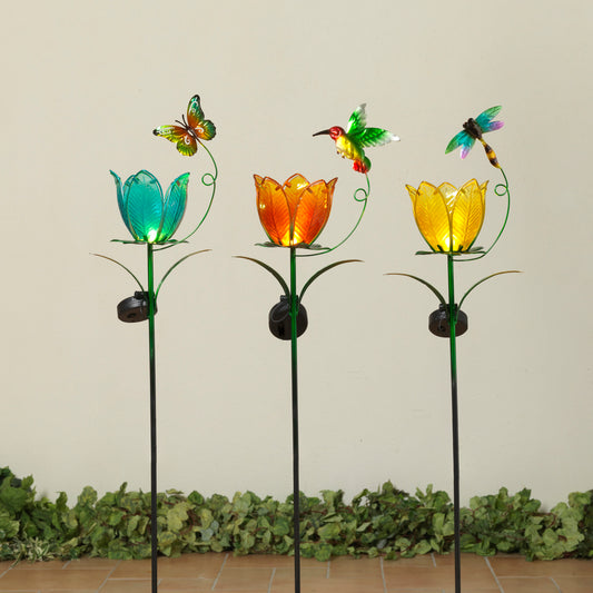 38.9"H Solar Lighted Metal & Glass Flower Yard Stake