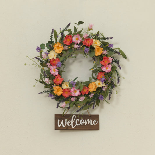 24"D Wild Flower Wreath w/ "Welcome" Sign