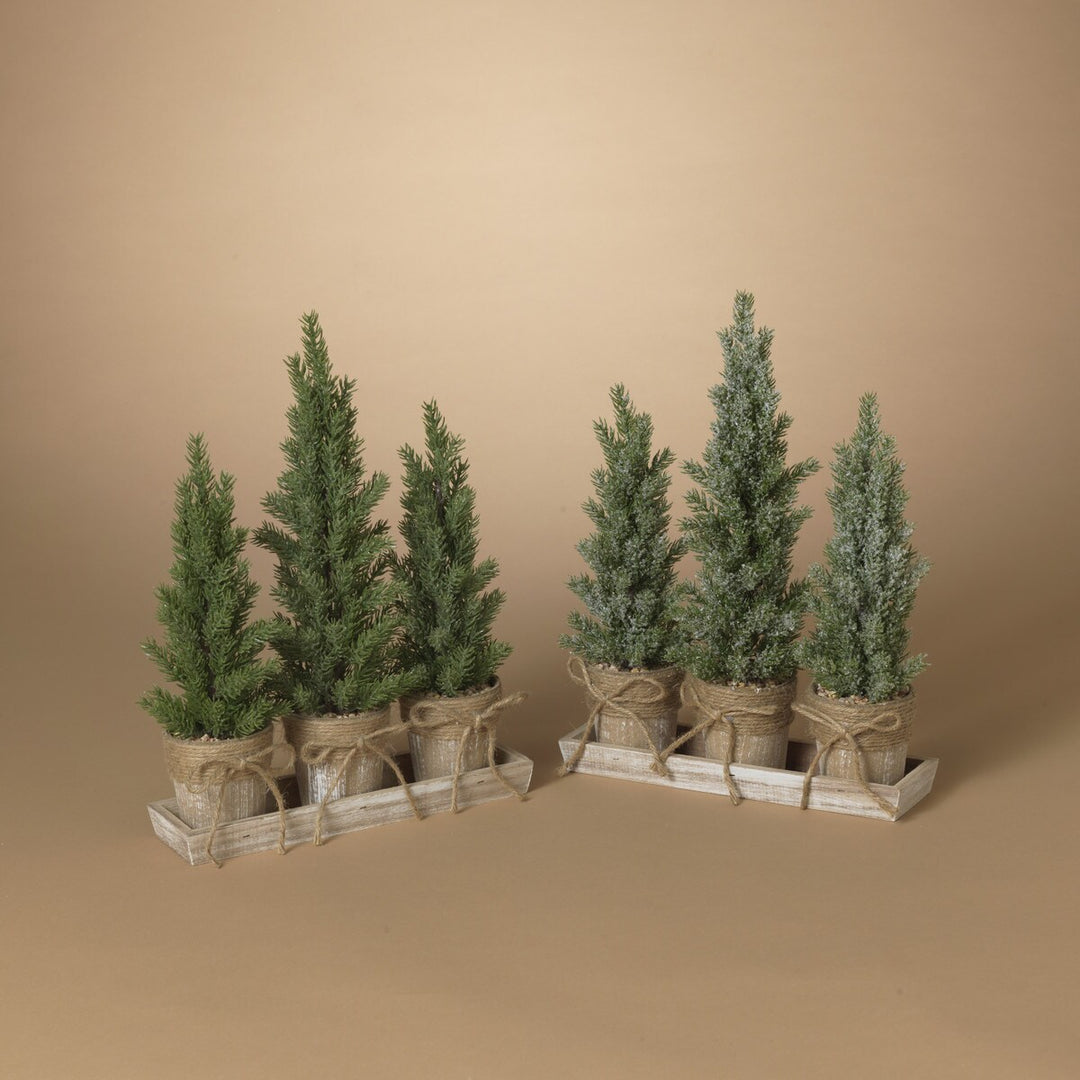 15.5"H Holiday Potted Tree Set With Tray