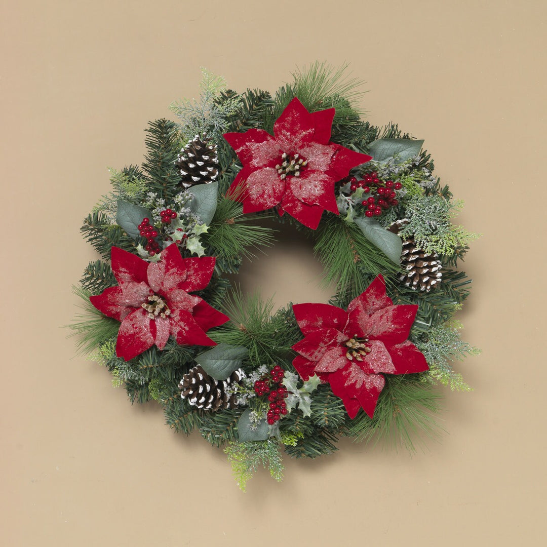 24"D Holiday Red Poinsettia & Pine Wreath