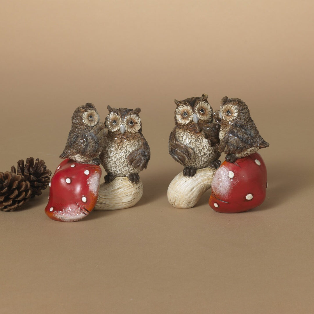 3.74"H Resin Holiday Owls on Mushroom