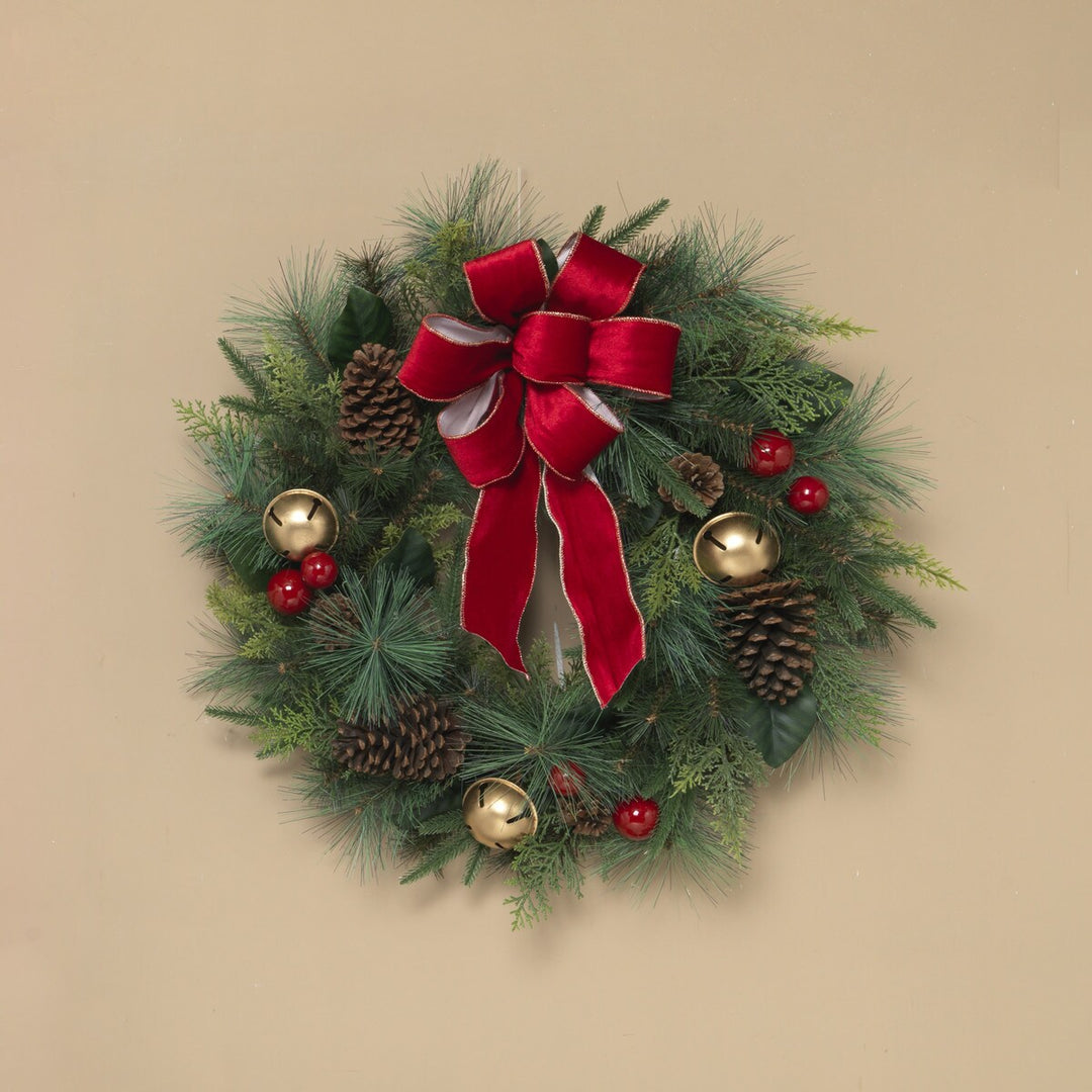 28"D Holiday Pine & Berry Wreath with Bow & Jinglebell Accent