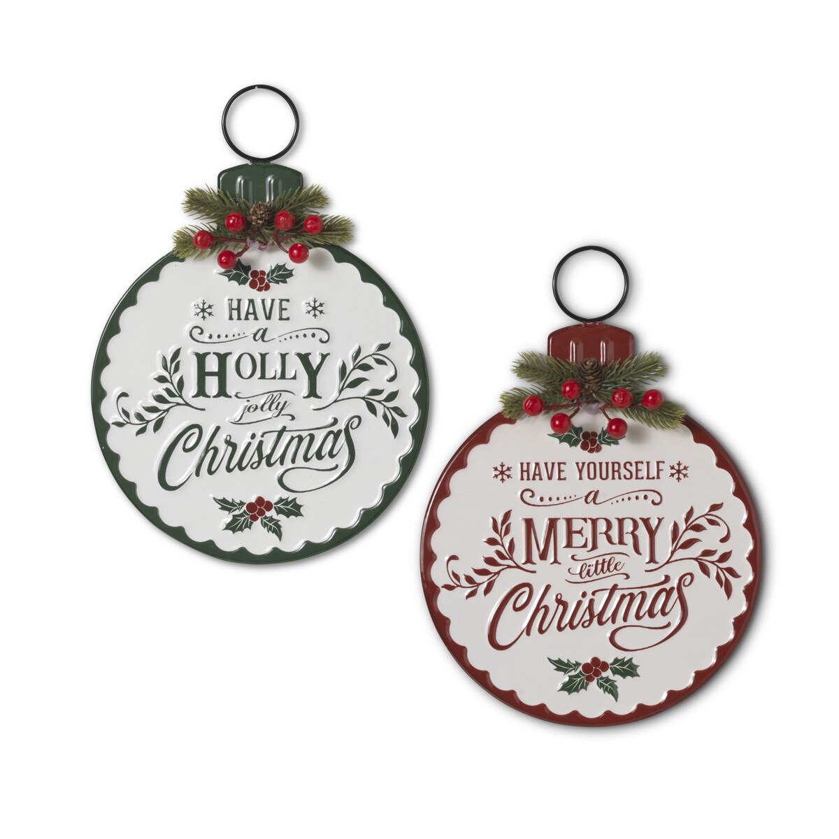 11.8"H Embossed Metal Holiday Design Wall Hanging with Pine & Berries