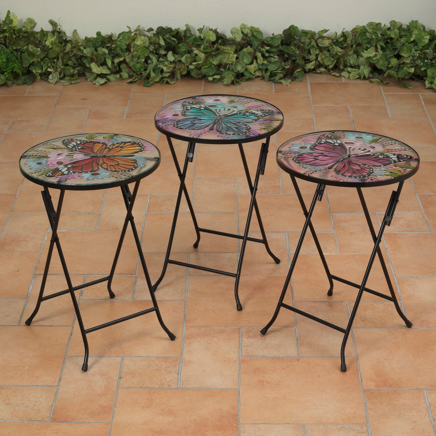 20.8"H Fused Glass Butterfly Design Table w/ Metal Stand