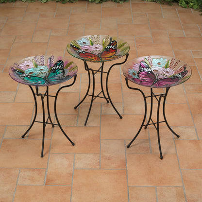 19.6"H Fused Glass Butterfly Design Birdbath w/ Metal Stand