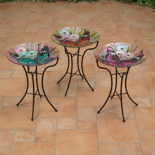 19.6"H Fused Glass Butterfly Design Birdbath w/ Metal Stand